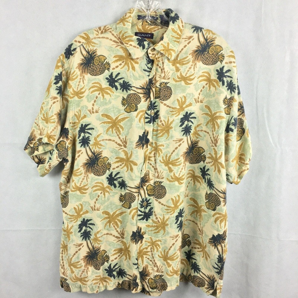 GANT Shirt Mens Sz‎ L Vintage Beige Tropical Print Linen Short Sleeve Button Up